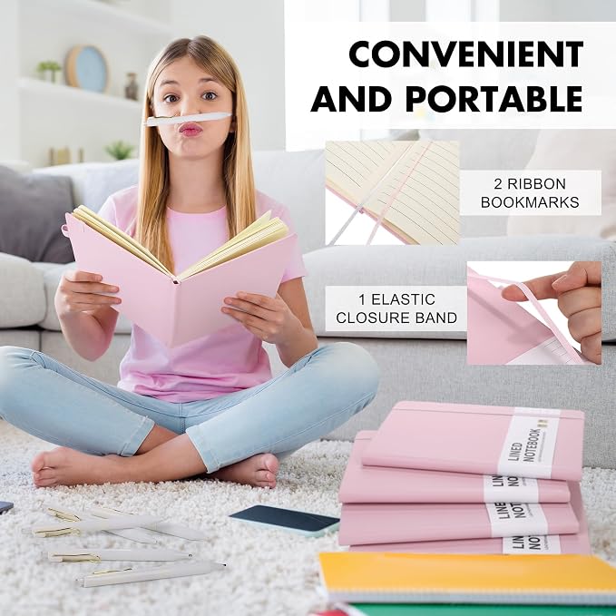 Aodaer 30 Set Lined Notebook Journals with Pens A5 Notebooks 100 GSM College Ruled Hardcover Notebook PU Leather Notepad with Pen Holder for Office School, 5.7 x 8.3 Inches, Pink