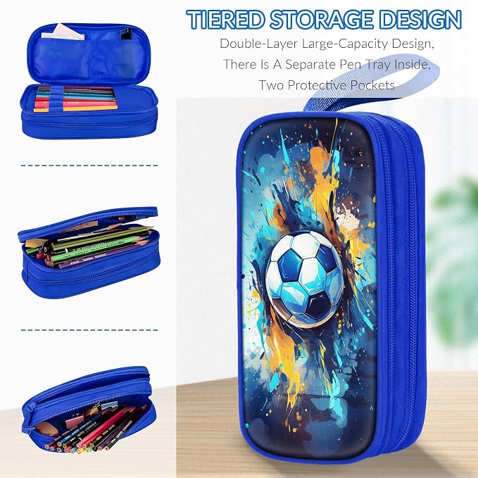 TILYTADLY Large Pencil Case for Boys - Soccer Boys Pencil Pouch with Zipper Compartments - Big Capacity Pen Box Pen Bag Organizer with Keychain for Kids Teens School