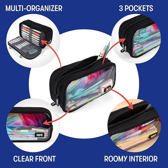 ZIPIT Half & Half Pencil Case, 3 Compartment Zipper Pouch for School, Stationery Bag for Teen Girls Boys and Adults, Black