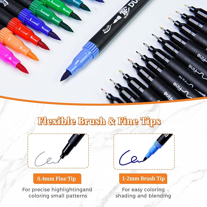 Brush Pens for Adult Coloring Books, 48 Colors Dual Tip Art Markers – Fine Tip for Outlining + Brush Tip for Coloring, Water-Based Non-Bleeding Markers for Journaling, Calligraphy, Hand Lettering