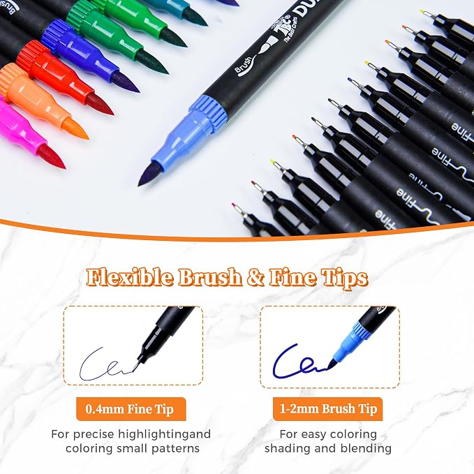 Brush Pens for Adult Coloring Books, 168 Colors Dual Tip Art Markers – Fine Tip for Outlining + Brush Tip for Coloring, Water-Based Non-Bleeding Markers for Journaling, Calligraphy, Hand Lettering