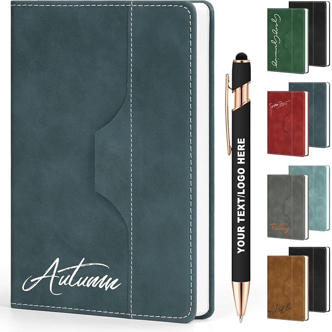 ENOMY Personalized Notebook Set Custom A5 Journal UV Printing Personalized Journal with 10 PC Metal Pens for College Birthday Travel Business Gift, Deep Blue
