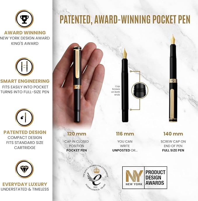 Scriveiner Luxury EDC Fountain Pen (Fine), Stunning Black Pocket Pen with Real Gold Finish, Schmidt Gilded Nib, Ink Converter, Best Writing Gift Set for Men & Women, Nice Fancy Office Designer Gift
