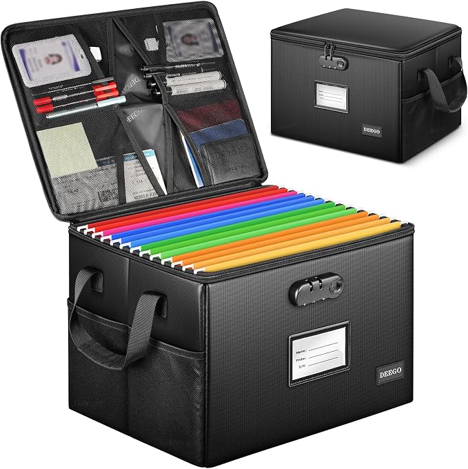 DEEGO Fireproof Document Box, Water-Resistant File Organizer Box with Lock | Document Safe Collapsible File Organizer with Handle, Filing Cabinets for Home Office for Hanging Letter/Legal Folder