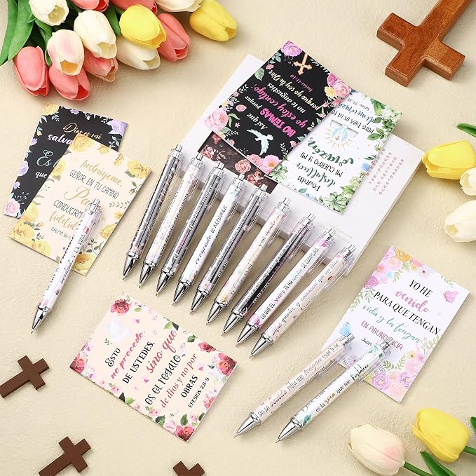 Colarr 12 Sets Christian Bulk Gifts for Women Bible Verse Pens Notebooks Religious VBS Scripture Ballpoint Pens Bookmarks Journal for Easter Sunday School Church Inspirational Supply(Spanish Flowers)