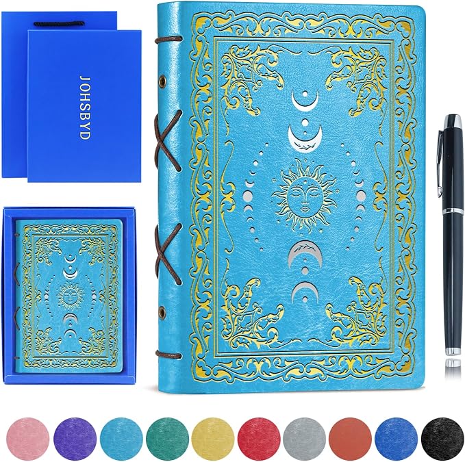 JOHSBYD Sun & Moon Faux Leather Notebook,Hardcover Executive Notebooks for Women Men,320Pages Journal Notebook with Pen,Vintage Sun & Moon Design,1 Pack Light Blue A5 (Sun Moon Light Blue)