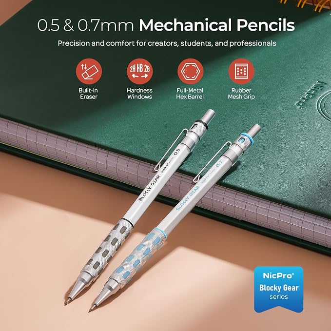 Nicpro Blocky Gear 0.5 mm & 0.7 mm Mechanical Pencils Set in Case | Metal Pencil with 6 Tube Lead Refills, Eraser, Eraser Refills for Professional & Adult Art Writing Drafting Drawing Sketching