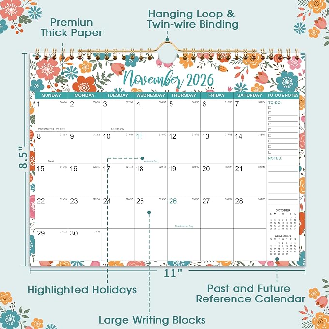 Wall Calendar 2026-2027 - Jul 20226 - Dec 2027, 18 Months Hanging Calendar 2026-2027, 11" x 8.5", Spiral Binding, Julian Dates, Large Block, Notes, To-do List, Thick Paper, Perfect for Organizing
