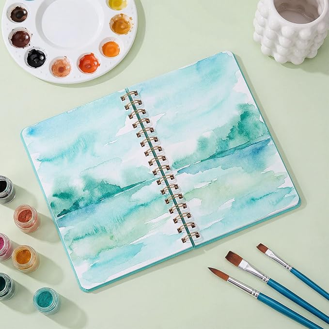 Dispowreath Watercolor Sketchbook 5.5" x 8.5" Spiral Bound Water Color Journal 24 Sheets 140lb/300g Cold Press Small Linen Watercolor Sketchbook for Mixed Media Drawing and Markers (Turquoise)