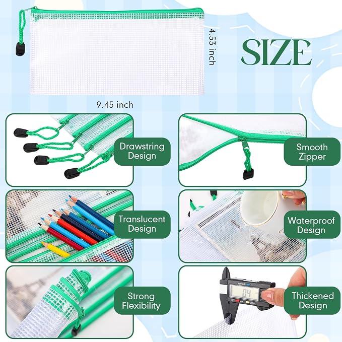 Zhehao 200 Pieces A6 Mesh Zipper Pouch Bulk Mesh Bags with Zipper Waterproof Small Pencil Pouches for Office Supplies Organization 9.4 x 4.5 Inches(Green Colors)