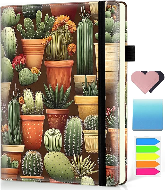 Hardcover Executive Notebooks, A5 PU Leather Lined Journal Notebook, 200 Pages Thick Paper Subject Notebooks for School,Work,Home Writing Business Notebook, Diary Book ，Cactus Plant