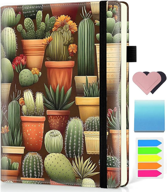 Hardcover Executive Notebooks, A5 PU Leather Lined Journal Notebook, 200 Pages Thick Paper Subject Notebooks for School,Work,Home Writing Business Notebook, Diary Book ，Cactus Plant