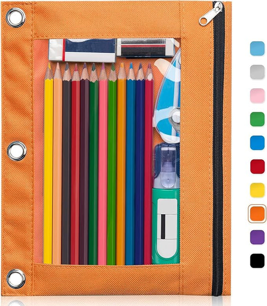 Forvencer 3 Ring Binder Pencil Pouch - Clear Window Pencil Case with Smooth Zipper, Big Capacity Pencil Bag with 3 Reinforced Grommets, Orange
