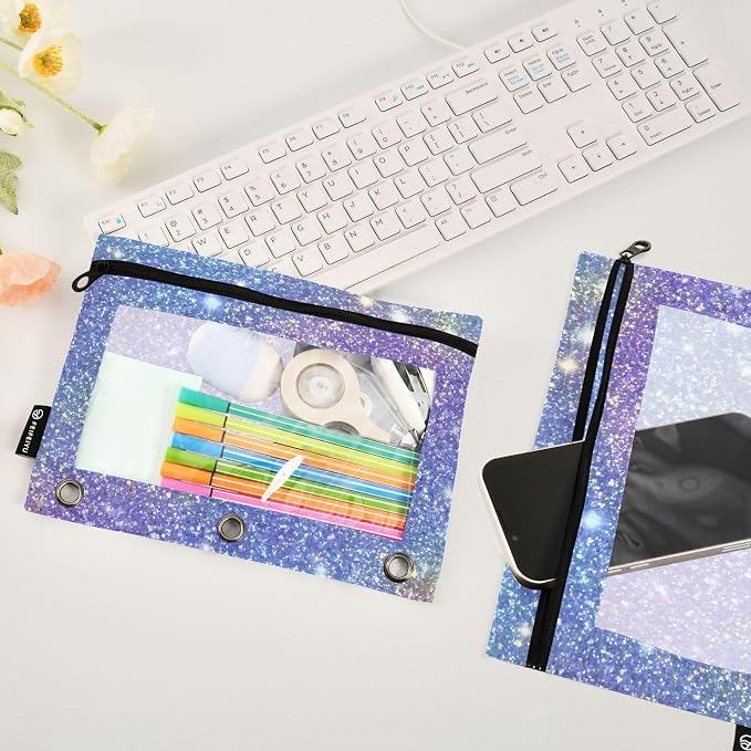 ALAZA Pencil Pouch for 3 Ring Binder, Sparkling Blue Purple Print Binder Pencil Pouches with Clear Window Zipper Pencil Case Cosmetic Bags for Office College Supplies, 2PCS