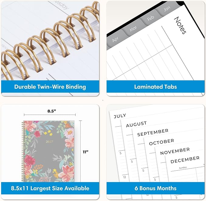 Blue Sky 2027 Weekly & Monthly Planner Calendar, 8.5"x11", Sophie | January 2027 - December 2027, Flexible Cover, Durable Twin Wire Binding, Laminated Tabs, Storage Pocket