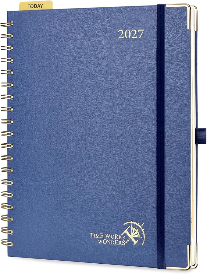 POPRUN 2027 Planner Daily Weekly and Monthly Calendar with Hourly Schedule, Monthly Tabs(Large Size 10'' x 8'' Wire-Bound Hard Cover) - Agenda 2027 (Jan.2027-Dec.2027) - Navy Blue