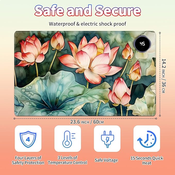Heated Desk Pad Large Mouse Pad 23.6 x 14.1 inch with 3 Levels Heating & Auto Shut-Off Warm Mouse pad PU Leather Computer Mousepad for Home Office Work - Lotus Flower and Lotus Leaf