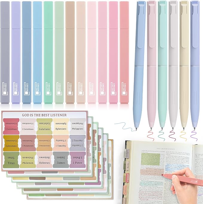 DazSpirit Bible Journaling Kit, Bible Study Supplies Set for Women & Men | 12 Pastel No Bleed Highlighters and 6 Color Pens & Laminated Tabs, Bible Essentials, Christian Gifts