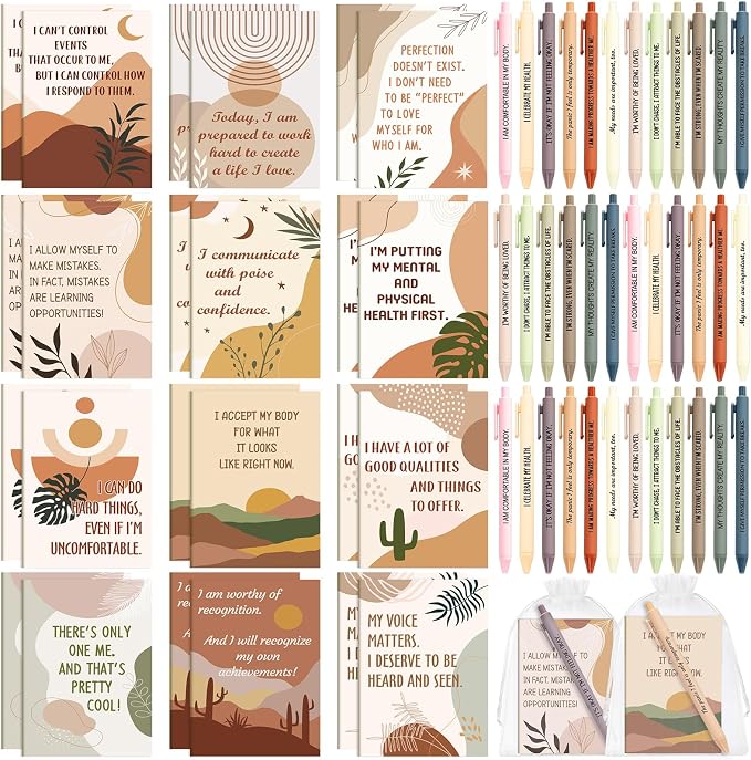 Mooliwe 48 Pcs Positive Affirmation Gift Set Gratitude Notebooks with Pens Small Bags Motivational Encouragement Notepads Daily Affirmations Journal for Women Stress Relief Self Care (Rustic)