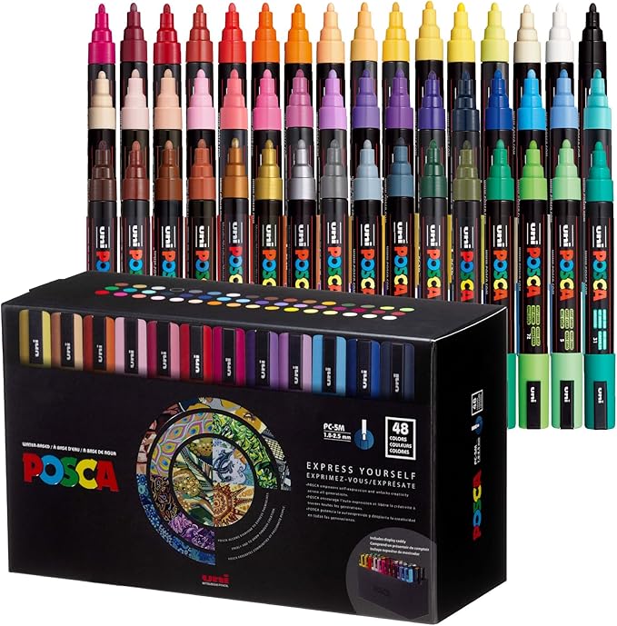 POSCA® PC-5M Paint Markers, Medium (1.8-2.5mm), Assorted, 48 Pack & Caddy | Includes POSCA display caddy with compartments, water-based opaque paint for 50+ surfaces, quick-drying, ACMI-certified