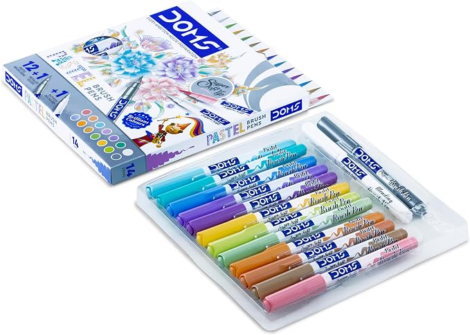 Doms Super Soft Tip Pastel Shades Brush Pen Set | 12 Pastel + 1 Silver + 1 Blender | Ideal for Doodling, Illustrations, Calligraphy, Artists & Professionals | Pack of 1