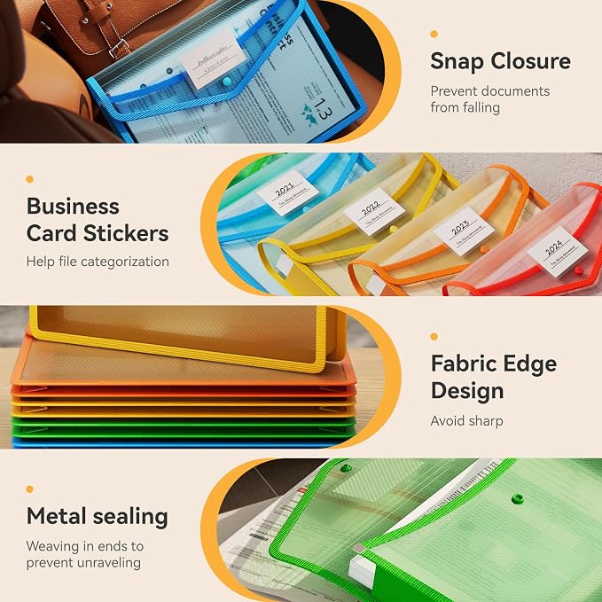 ABC life 12 Pack Plastic Expanding File Folder, Folders for Documents with Snap Closure, Colorful File Folder Organizer Holder, Transparent Accordion File Pouch,Large Capacity, Fit Letter/A4 Size