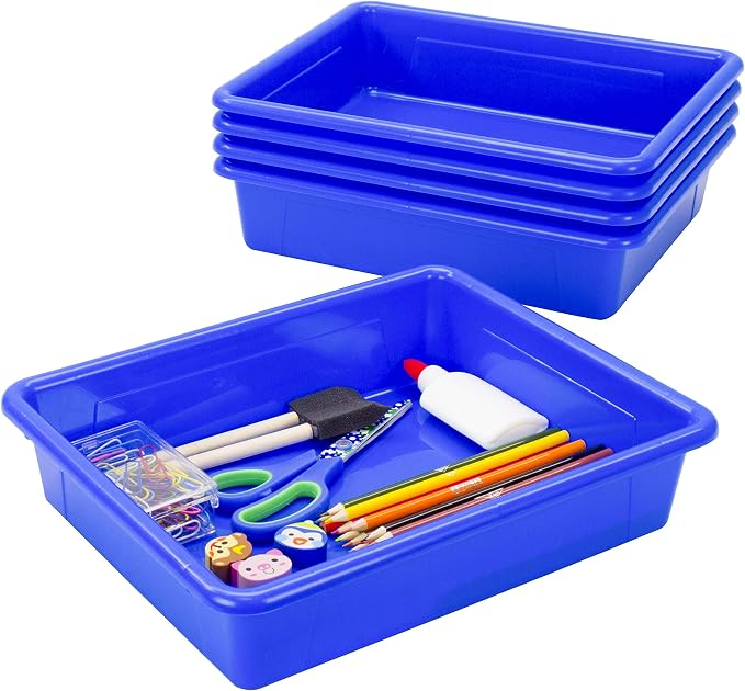 Storex Letter Size Flat Storage Tray – Organizer Bin for Classroom, Office and Home, Blue, 5-Pack (62517A05C), 10 x 13 x 3 Inches