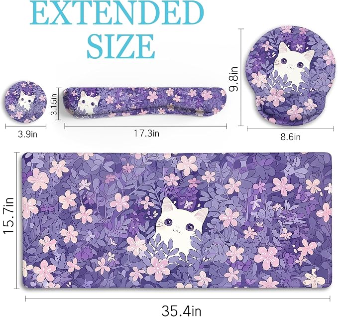 LIMKRIAN Purple Mouse Pad Large Desk Mat Set, Kawaii Cat Gaming Mousepad | Ergonomic Wrist Rest, Computer Mat, Keyboard Wrist Support, Coaster, Cute Purple Office Desk Accessories Cat Decor Supplies