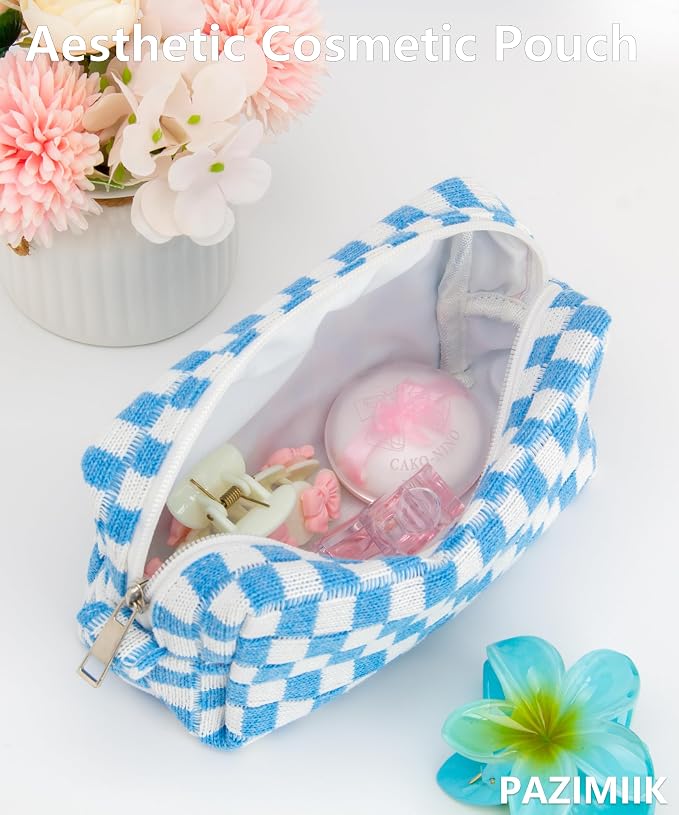 Checkered Makeup Bag for Purse, Small Travel Cosmetic Pouch,Sky Blue | Cute Zipper Makeup Organizer for Women, Travel Essentials, Toiletries, Makeup Brushes, Beauty Accessories&Bridesmaid Gifts