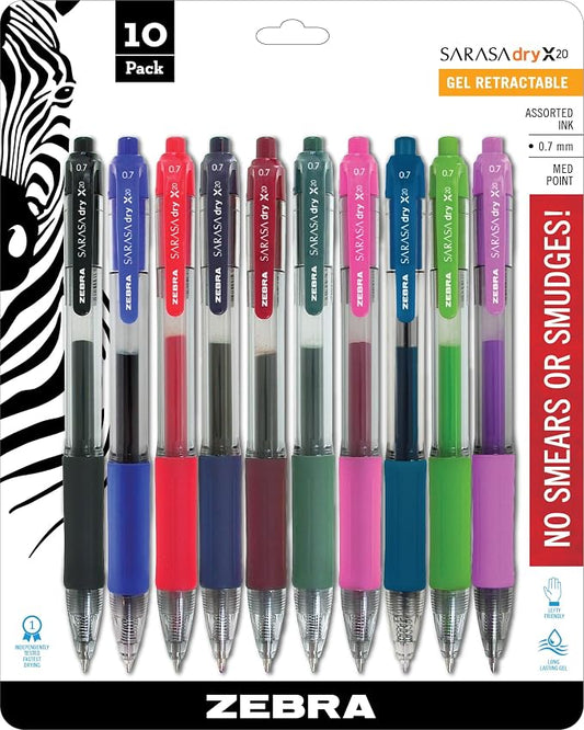 Zebra Pen SARASA X20 Retractable Gel Pen, Assorted Ink, 0.7mm, 10-Pack