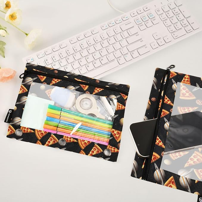 Pizza Mushroom Binder Pouches 3 Ring for Boys Girls School Office College Supplies Cute Doodle Pattern Black Pencil Pouches Case Bag with Clear Window and Zipper 2 Pack