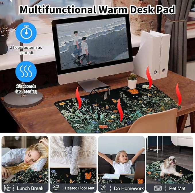 Heated Desk Pad Mouse Pad,Heated Desk Mat,with 3 Heating Levels & 3 Hours Auto Shut-Off,Leather 23.6"*14.2" Gaming Mouse Laptop Mat,Foot Warmer,Floral Plant Butterfly