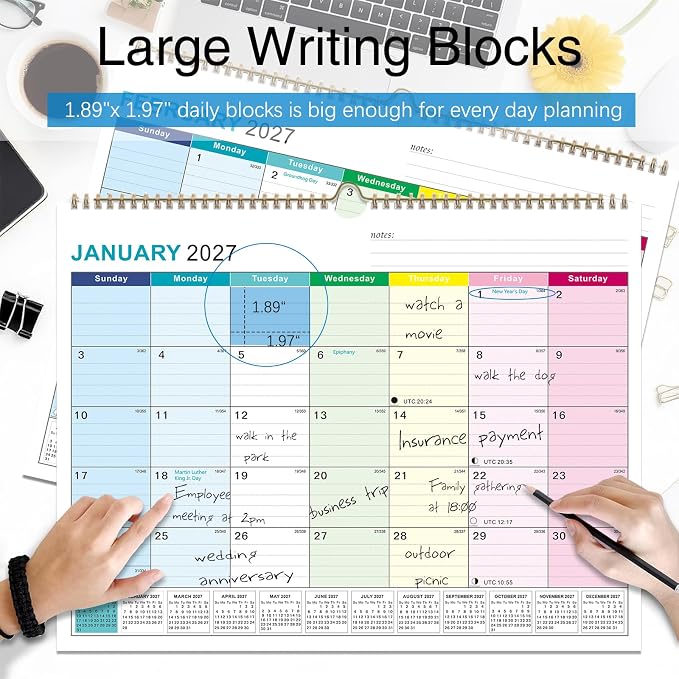 2027-2028 Wall Calendar, Calendar 2027-2028, 18 Month Calendar January 2027 - June 2028, 14" X 11", Calendar with Twin-Wire Binding, Hanging Hook and Julian Dates (Colorful)