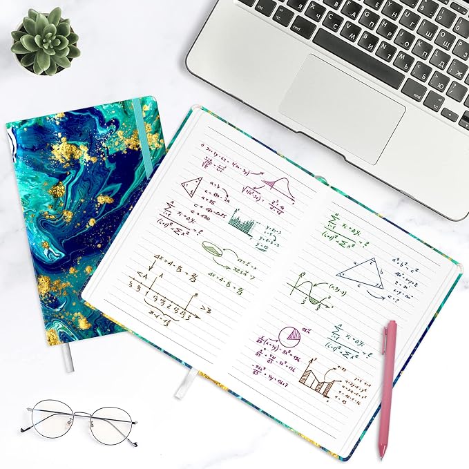 Lined Journal Notebook, Hardcover, Medium 5.7 x 8.4 in, 160 Pages Thick Paper, Cute Aesthetic A5 College Ruled Notebook for Journaling Writing Work Office School Women Men, Blue Gold Marble
