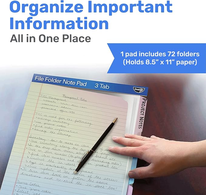 Find It File Folder Notepad, 72-Ct 3rd-Cut Tab Organizer Folders, Rainbow | Wide-ruled clipboard-style pages, front and back ruled, perforated tear-out sheets, office and school filing organization