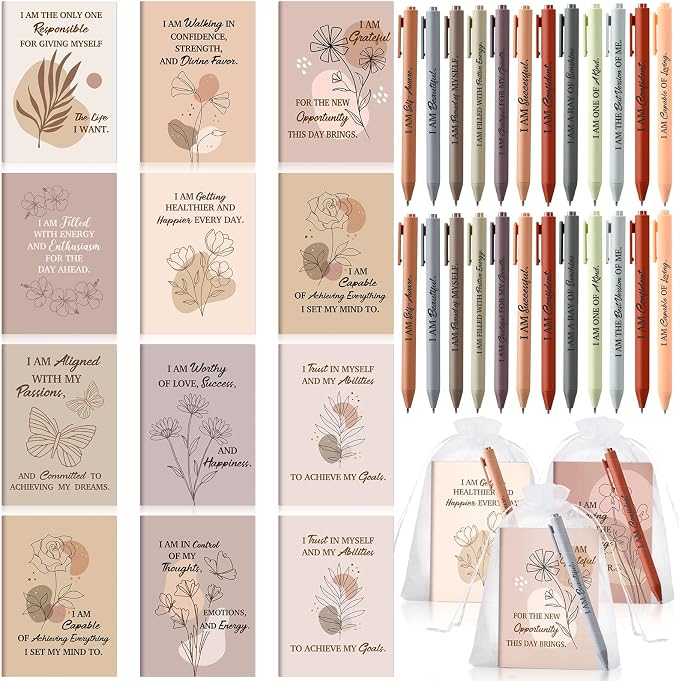 Mooliwe 24 Pcs Positive Affirmation Gift Set Gratitude Notebooks with Pens Small Bags Motivational Encouragement Notepads Daily Affirmations Journal for Women Stress Relief Self Care (Elegant)