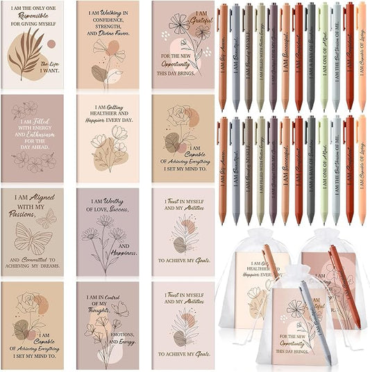 Mooliwe 24 Pcs Positive Affirmation Gift Set Gratitude Notebooks with Pens Small Bags Motivational Encouragement Notepads Daily Affirmations Journal for Women Stress Relief Self Care (Elegant)