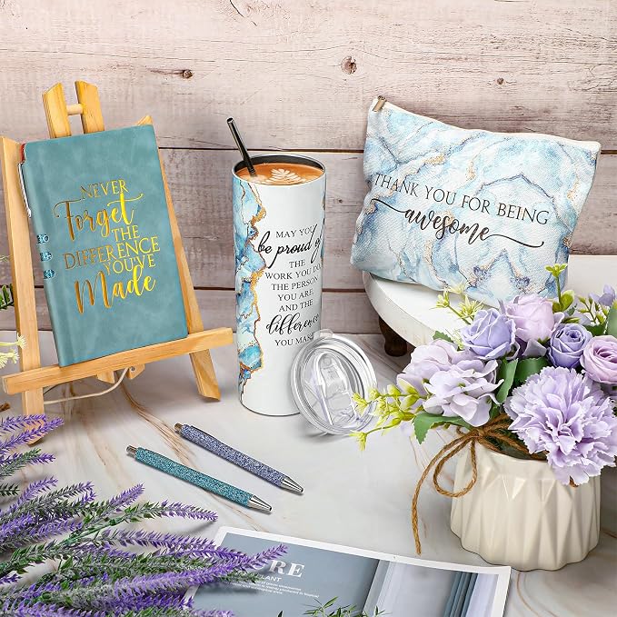 Domensi 6 Pcs Employee Appreciation Gift Set for Women Female Thank You Gift May You Be Proud 20 oz Rustic Marble Sign Tumbler Makeup Bag Journal for Boss Teacher Work Business(Blue)