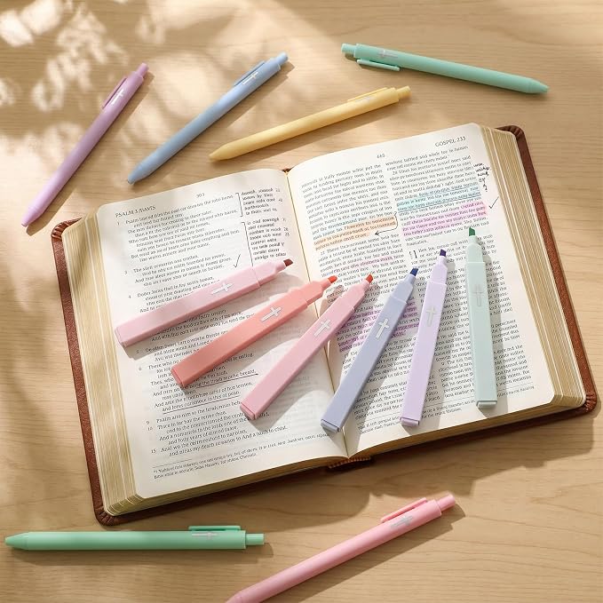 12 Pcs Cross Gel Pens and Highlighters Set 6 Gel Pens 0.5mm 6 No Bleed Highlighters Bible Study Pen and Highlighter for Journaling Church Supplies Christian Stationery (Black,Macaron)