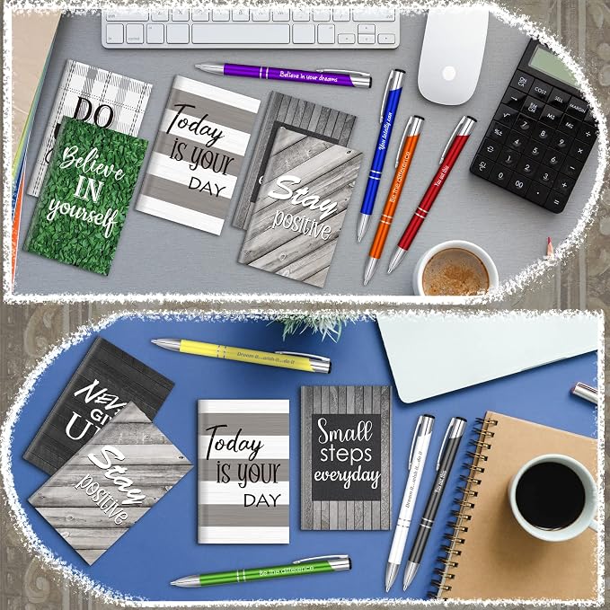 Geyee 24 Pcs Mini Motivational Pens Inspirational Notepads Bulk Appreciation Gifts Small Journals Funny Ballpoint Pen Set Prizes Men Women Office Travel Party Favors(Rustic)