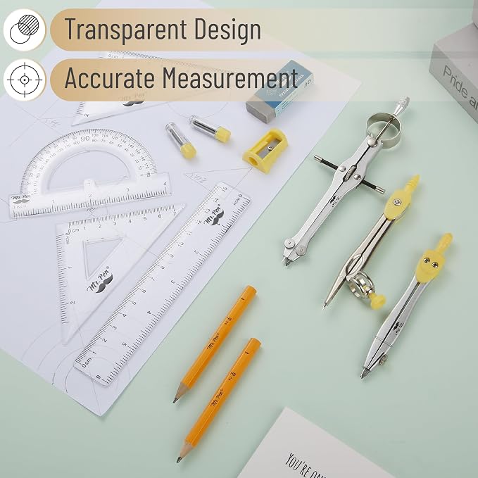 Mr. Pen- Geometry Set, 13 pcs, 3 Metal Compasses, Protractor, 6" Ruler | 45° & 30°/60° Set Squares, Pencils, Lead Refills, Sharpener & Eraser for Math, Drafting & Classroom Use | 45° & 30°/60° Set Squares, Pencils, Lead Refills, Sharpener & Eraser for ...