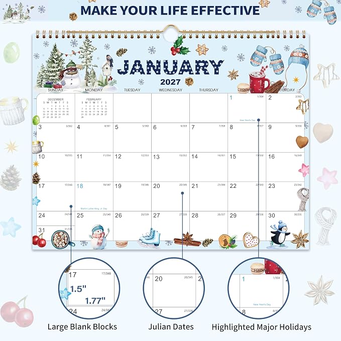 2026-2027 Wall Calendar - Large Calendar 2026-2027, Jul. 2026 - Dec. 2027 | 15" x 12", 18-Month Calendar Wall with Hanging Hook, Perfect Wall Calendar for Organizing - 12 Different Themes