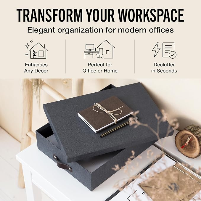 Bigso Oskar Canvas Fiberboard Document Letter Box for Important Paperwork A4 or Letter Size - Durable Keepsake Box with Lid and Leather Handle - 3.3in x 10.2in x 13.8in - Black