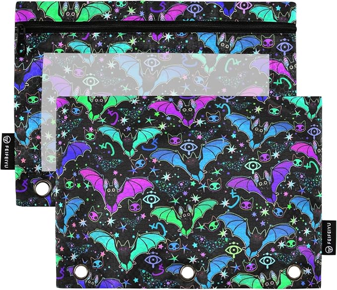 Psychedelic Bat Pencil Pouches for 3 Ring Binder 2 Pack | Binder Pencil Case With Zipper Reinforced GrommetsPencil Bags for Office Organizers