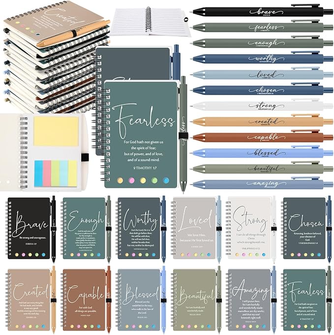 Kosiz 24 Sets/48 Pcs Christian Gifts Bulk Prayer Journal Scripture Notebook, Bible Pen (Classic,Boho Color)