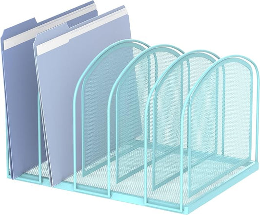 SUPEASY File Organizer 5-Section Mesh Desk Organizer, Upright File Organizer Desktop Organizer File Sorter, File Folder Holder for Office Supplies, Blue | 5 Vertical Compartments with Sturdy Metal Base for Office Documents Books Magazines and Laptop