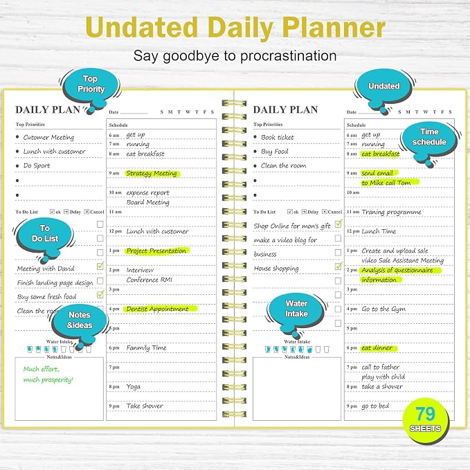 Asten Daily Planner Undated - To Do List Notebook With Hourly Schedules and Spiral Appointment Book for Men and Women, ADHD Work Planner With Inner Pocket 8.3"x 5.8" (Yellow)