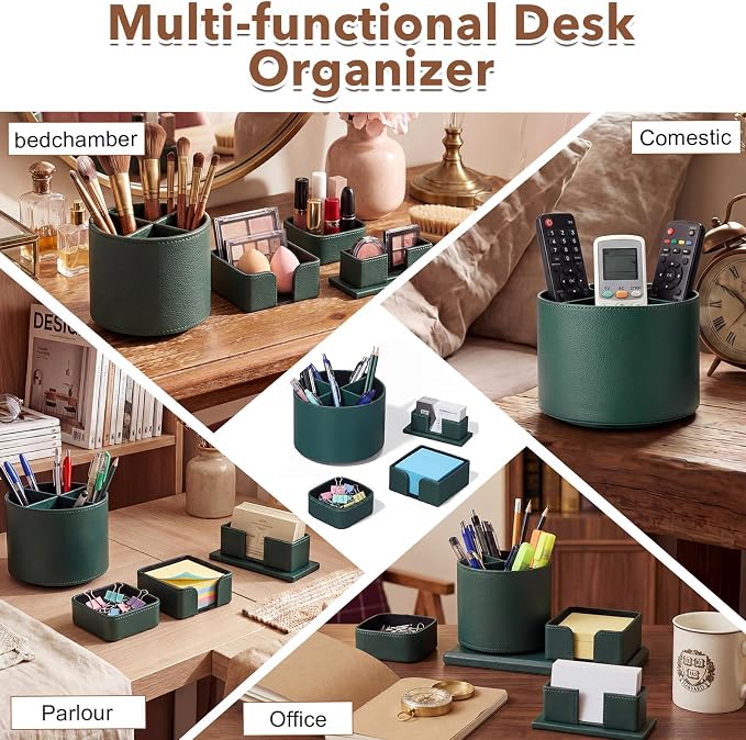 4 Pcs Rotating Leather Pen Holder for Desk Organizer Office Supplies Business Card Sticky Note Holder Paperclip Storage Desk Accessories Set for Teacher Back to School Gift(Green)