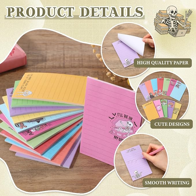 12 Pack Funny Notepads, 5x3 Inches Sarcastic Note Pads Memo Fun Office Gifts for Coworkers Work Women Men Employee Teacher Boss Desk Accessories Gifts(Skull,Multicolor)