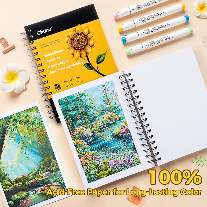 Ohuhu 5.5"x8.5" Marker Paper Pad Art Sketchbook for Drawing and Sketching | Small Sketch Book - 120 LB/200 GSM Smooth Drawing Paper - 60 Sheets/120 Pages - Spiral-Bound Sketch Pad for Alcohol Markers